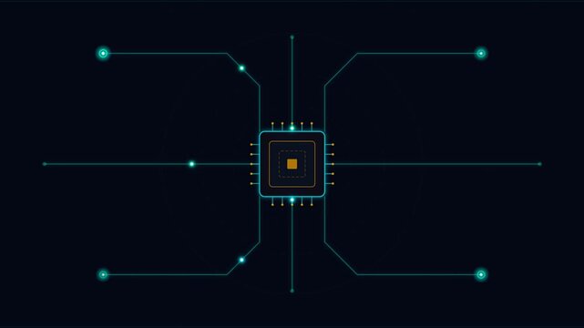 Futuristic microchip processor circuit animation, glowing cyan digital computer microchip board, artificial intelligence technology background loop