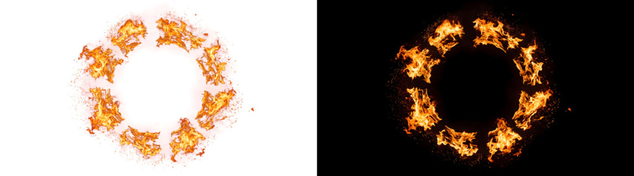 Ring of fire flames forming circular blazing frame with sparks looks perfect for design projects in PNG, Transparent and Black Background Versions