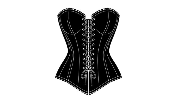 Black Corset Vector Illustration, Vintage Lace Up Bustier with Ric Rac Trim for Fashion and Lingerie Design