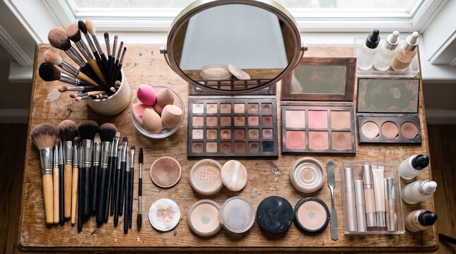 Vintage makeup vanity display with assorted beauty products and brushes on wooden tray