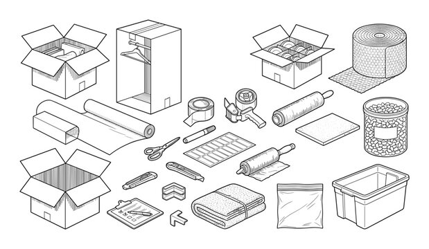 Packaging Supplies Set with Cardboard Boxes, Tape, Bubble Wrap