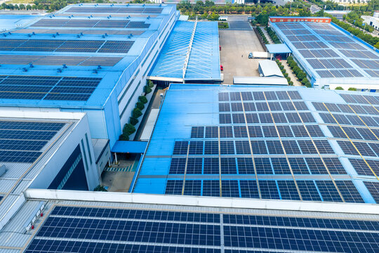 Blue roof factory solar photovoltaic panel array