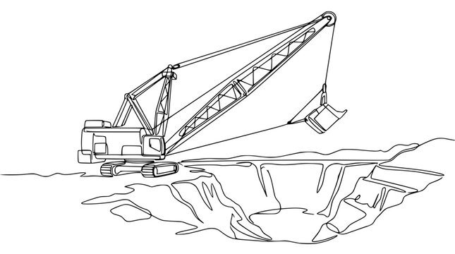 Dragline Excavator Digging Earth, Continuous Line Art
