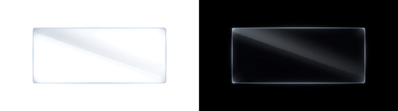 Wide transparent glass rectangle screen with diagonal light reflection glare looks perfect for design projects in PNG, Transparent and Black Background Versions