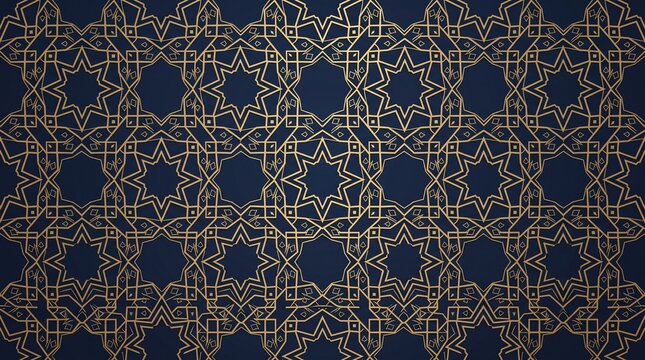 Ornate Gold Islamic Geometric Pattern on Navy Blue Background Featuring Intricate Eight-Pointed Stars and Interlocking Linear Designs for Elegant Cultural and Religious Decor.
