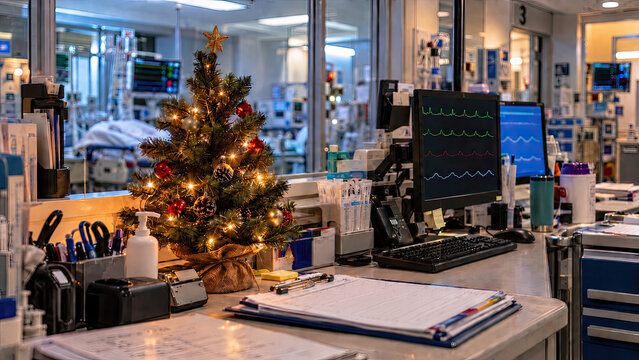 Close-up of a small tabletop Christmas tree with tiny lights placed on a busy nurses station desk, patient monitors and charts, warm tree glow. Holiday spirit within the ER concept.