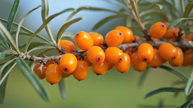Close-up of sea buckthorn fruit, close-up of sea buckthorn fruit branches