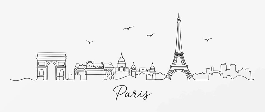 Paris skyline continuous line drawing with Eiffel Tower and Arc de Triomphe, travel art