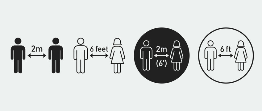 Social distancing icon set showing 2 meters and 6 feet safety separation on white background
