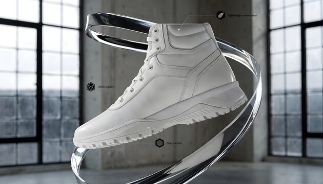 White high top sneaker floating with technical feature callouts in a modern studio