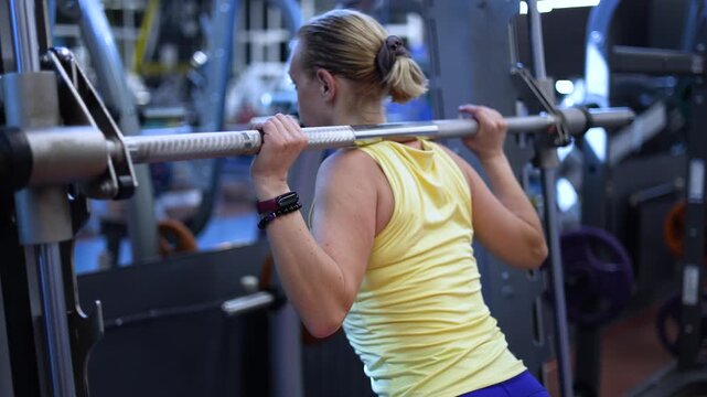 A middle-aged woman approaches the Smith machine and begins squatting. Leg exercises. Keeping fit in your 40s. Slow motion 4k footage.