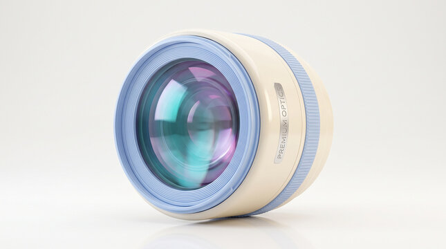 A modern camera lens with a white and light blue design on a white background.