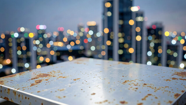 Dark Walnut Wood Tabletop on Luxury Hotel Rooftop Terrace Overlooking Urban Metropolis Luxury City B