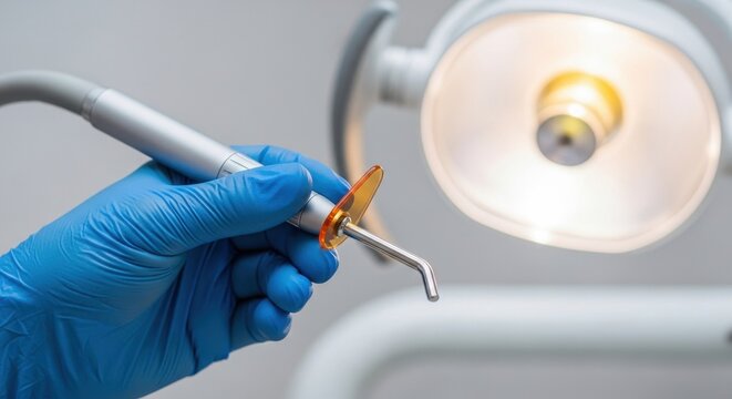 Dentist holding dental instrument in clinic with overhead light.