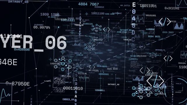 Digital network visualization with data streams and code snippets representing artificial intelligence and machine learning concepts