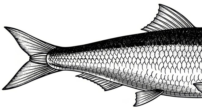 Detailed black and white illustration of a fish tail and scales.