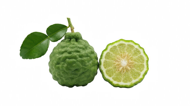 Whole and halved kaffir lime fruit with leaves against a clean backdrop isolated on transparent background
