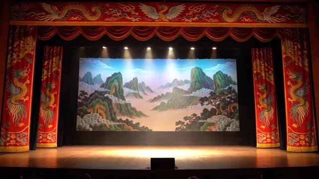 Panoramic view of the Chinese ancient stage, with Chinese stage landscape background
