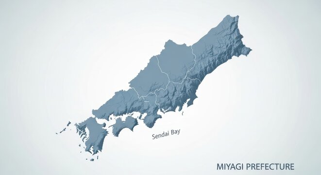 Detailed 3D Map of Miyagi Prefecture Japan.