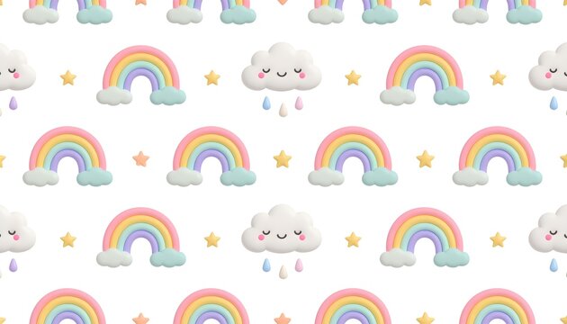 Seamless pattern of cute rainbows and smiling clouds with stars