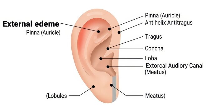Detailed anatomical diagram of the human outer ear structure.