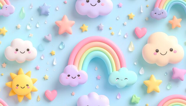 Cute cartoon rainbows and smiling clouds pattern on blue background