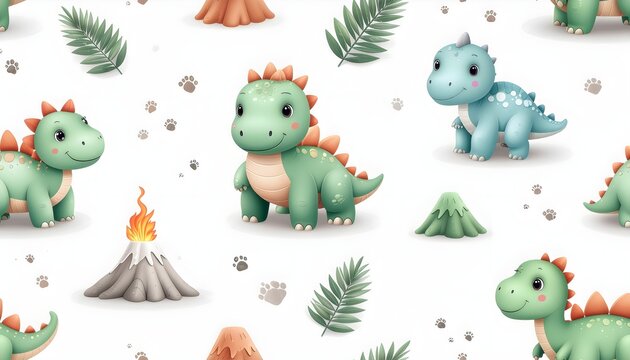 Seamless pattern of cute cartoon dinosaurs with volcanoes