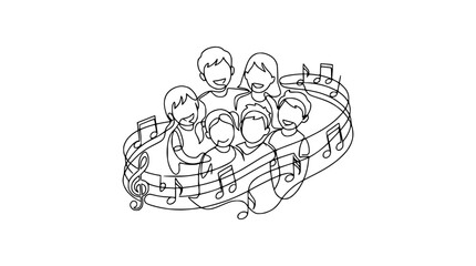 Obraz premium Group of diverse people singing happily with musical notes, isolated on transparent background