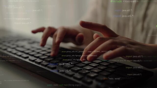 A focused image capturing hands on a keyboard, surrounded by glowing lines of code. This visual represents the world of programming, technology, and software development in a modern workspace. Xenic