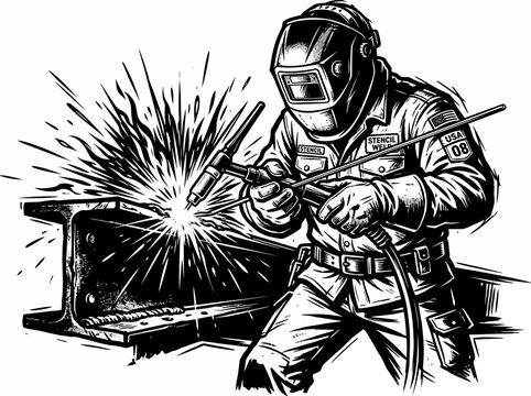 Black and white vector illustration of a professional welder at work with sparks and steel beam