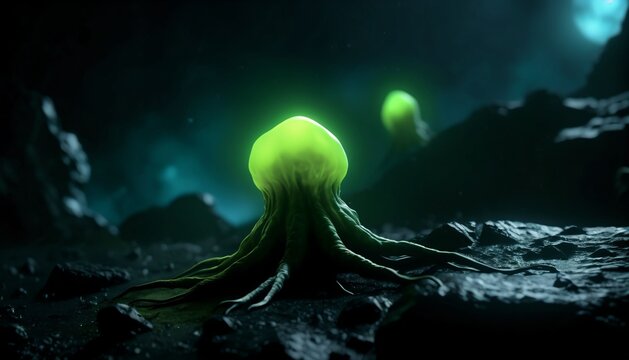 Green Bioluminescent Alien Organism with Tentacles
