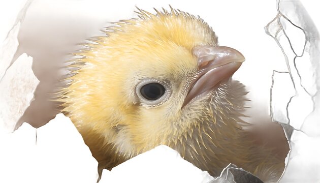 Close up portrait of a cute little yellow baby chick hatching from a cracked egg shell crust