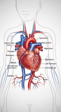 Detailed anatomical illustration of human heart and circulatory system.