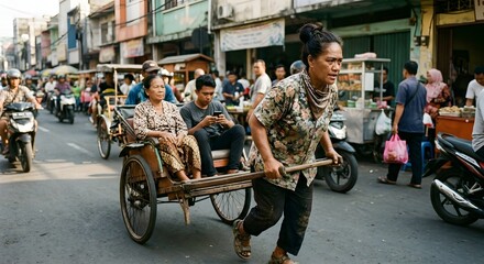Obraz premium Middle Aged Woman Pulling A Traditional Pedicab With Passengers Through A Busy Urban Street Market