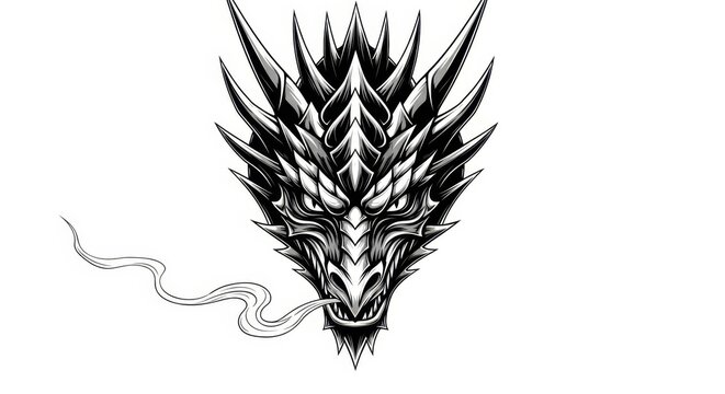 Detailed Black and White Dragon Head Illustration.
