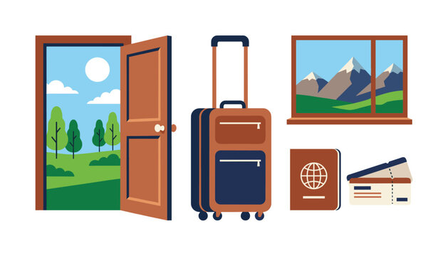 Travel and vacation vector element set with open door to nature landscape, suitcase luggage, window view of mountains, passport, and tickets