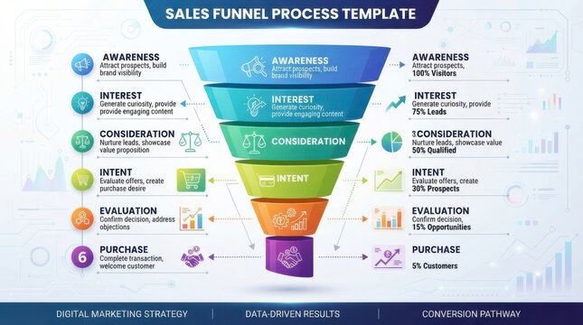 Sales funnel process infographic template for digital marketing strategy
