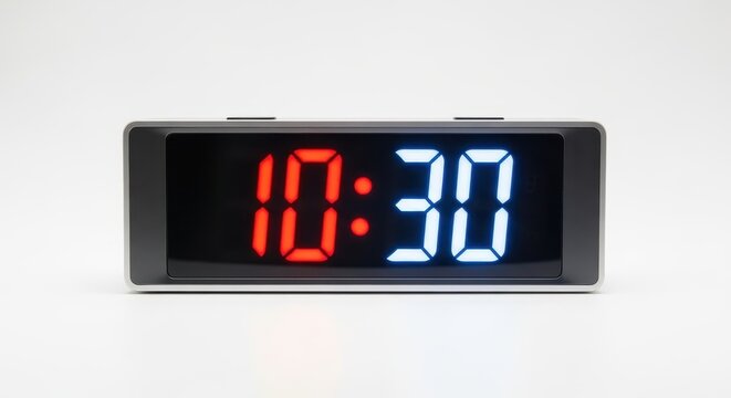 Digital clock displaying ten thirty on white background.