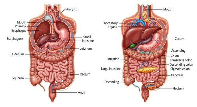 Detailed Human Digestive System Anatomy Illustration.