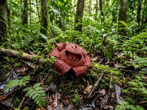 A rare Rhizanthes lowii parasitic flower blooming with textured fleshy red petals on the damp mossy floor of a lush tropical rainforest.