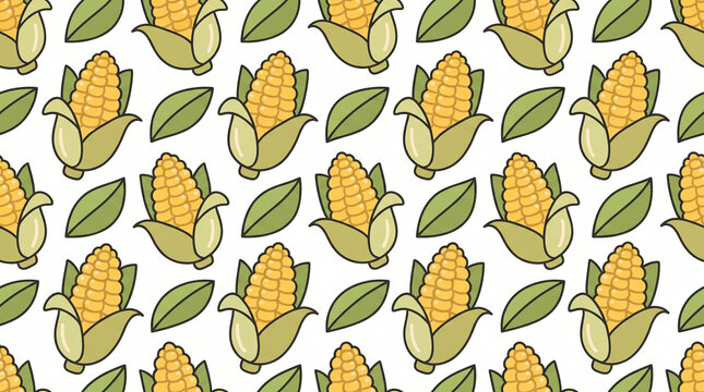 Seamless pattern with cute cartoon corn cobs and green leaves on white background.