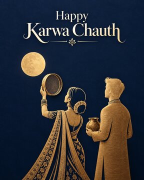Indian couple celebrating karwa chauth ritual under full moon with gold sieve and traditional pot