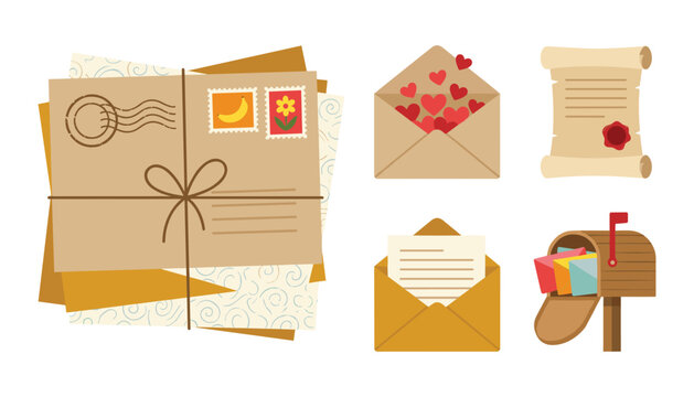 Vector mail and letter element set featuring a bundle of envelopes tied with string postage stamps love letters ancient scrolls and a full mailbox