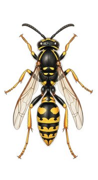 Detailed illustration of a European wasp with spread wings.