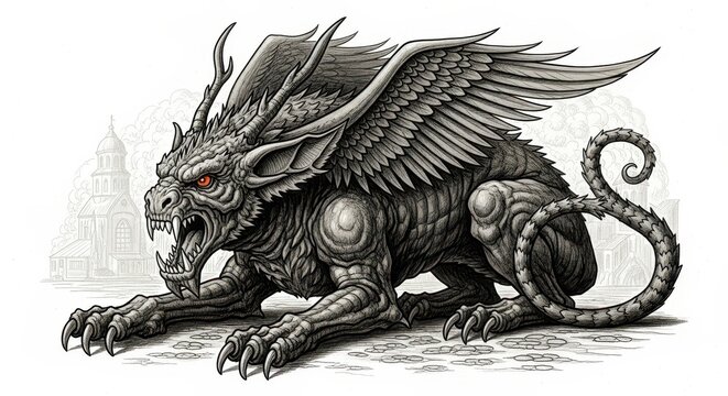 Detailed Illustration of a Mythical Dragon Creature.