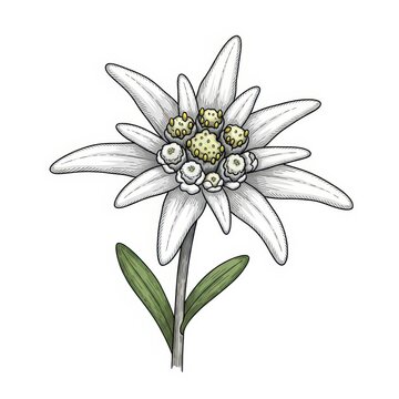 Detailed Illustration of Edelweiss Flower with Green Leaves.