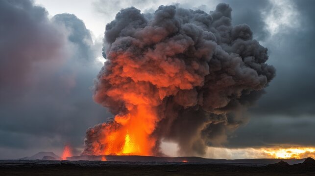 ejected. Volcanic eruption at dusk with dark smoke and orange lava against gray sky. travel magazines, destination branding, designed for travel destination branding, drives exploration.