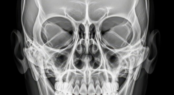Detailed X Ray Image of Human Skull Front View.
