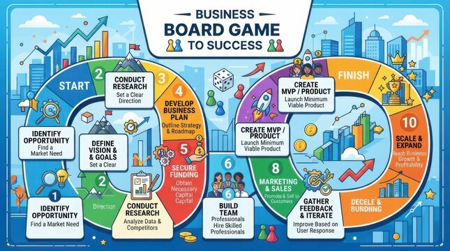 Business board game infographic showing a roadmap to startup success