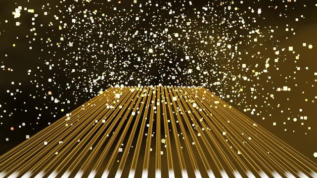 Golden Square Pixel Particles with Diverging Lines, Luxury Glitter Cascade Motion Background and Video Backdrop